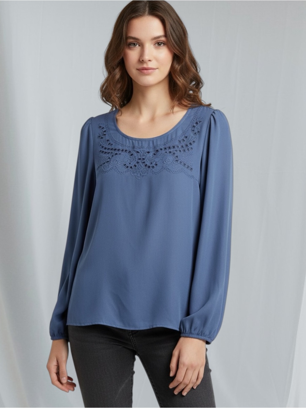 Eyeshadow Dusty Blue Scoop-Neck Blouse with Eyelet Detail